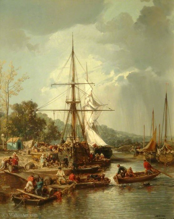 The Quay, Hennebont, France, With Boats And Figures — Jules Achille Noël