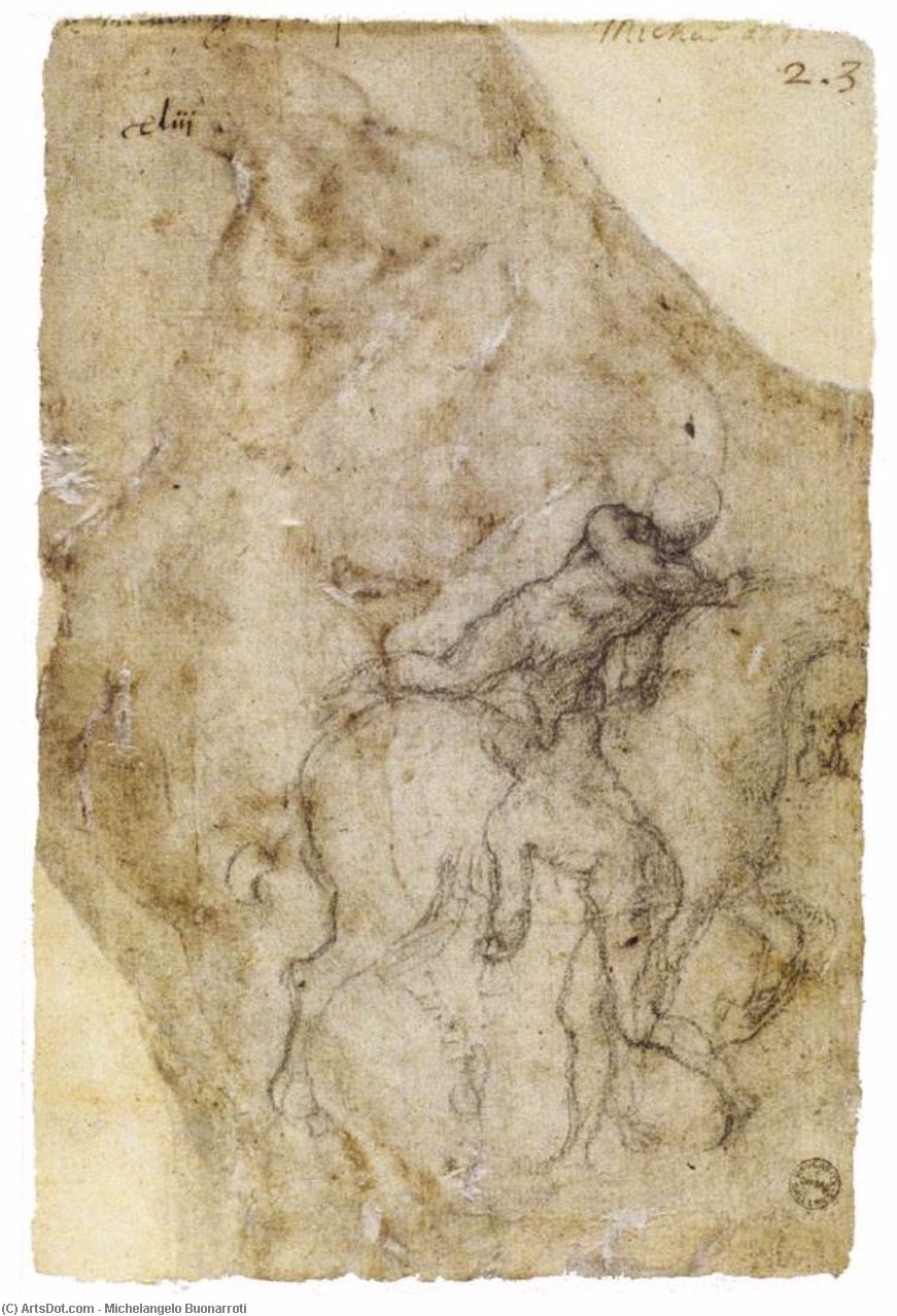 Nude Rider Mounting A Horse And A Male Nude (verso) — Michelangelo Buonarroti