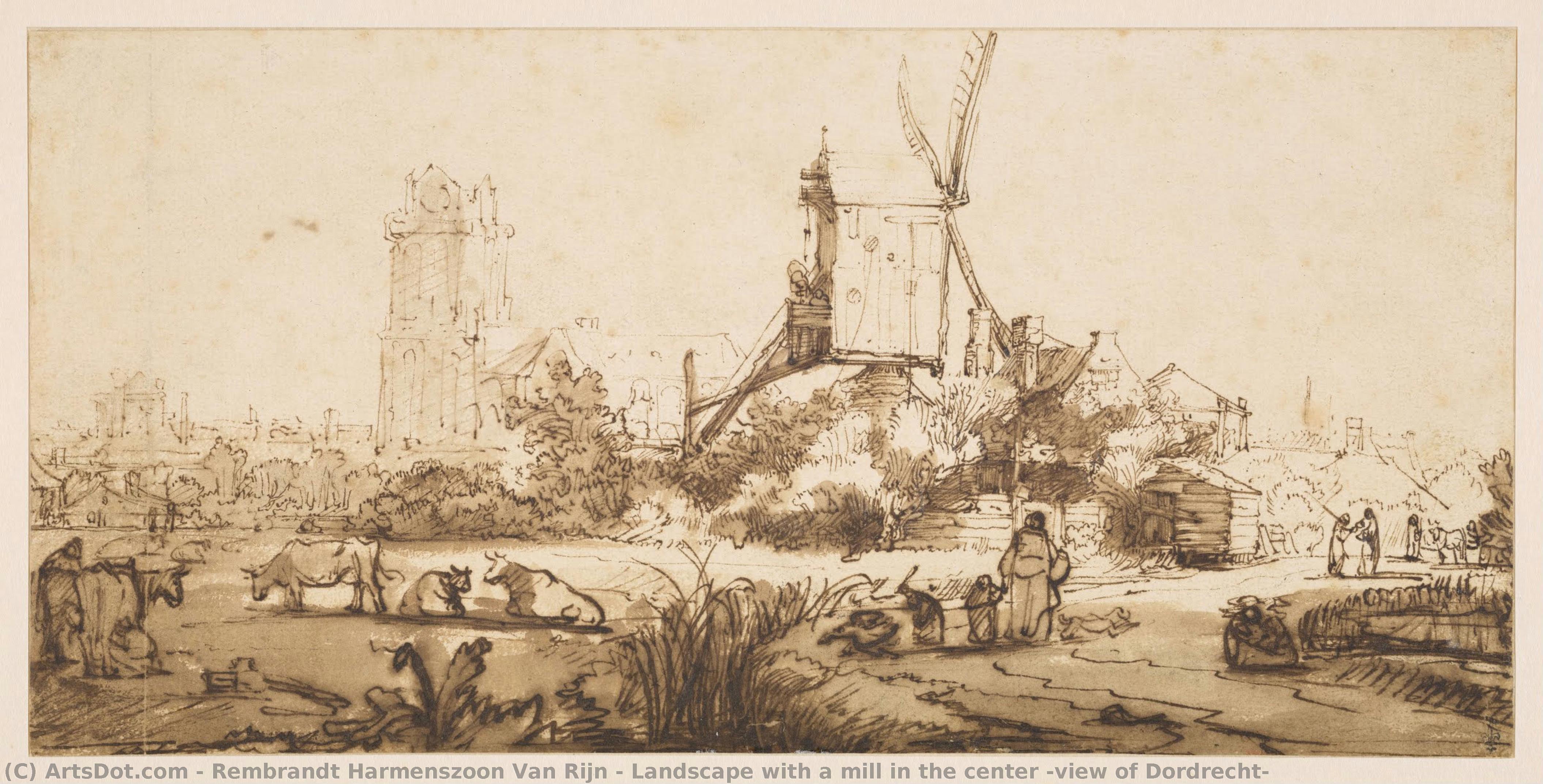 Paisaje Con Un Molino En El Centro (vista De Dordrecht) — Rembrandt Van Rijn