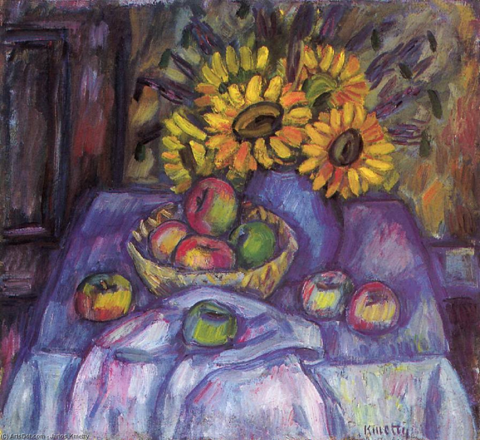 Still-life With Apples And Sunflowers — Janos Kmetty