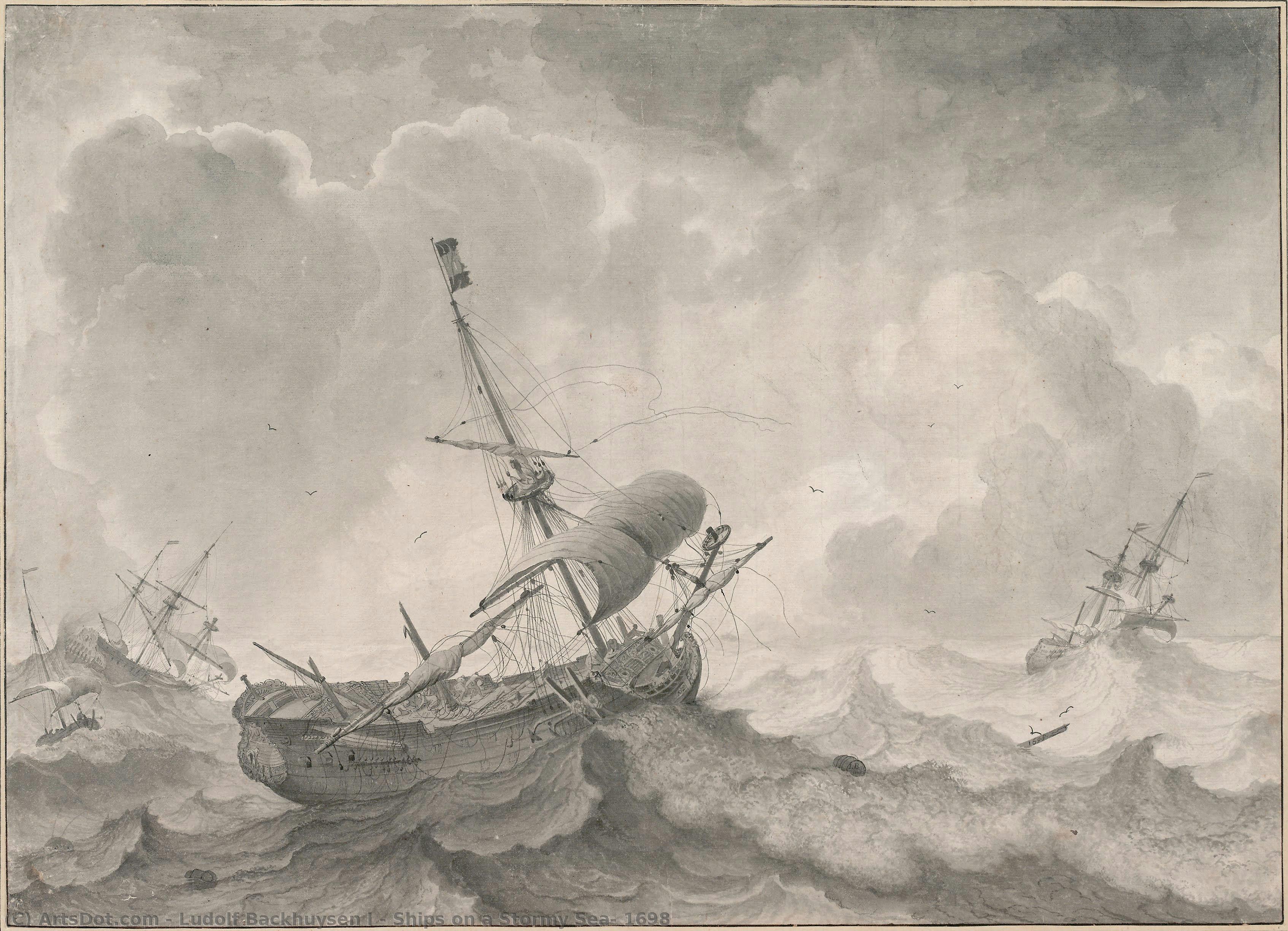 Ships On A Stormy Sea, 1698 — Ludolf Backhuysen I