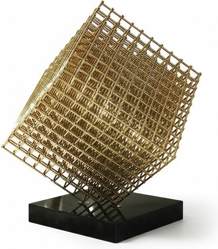 Golden Stainless Steel Geometric Sculpture - 147x158cm – A Striking Contemporary Piece Featuring Interlocking Stainless Steel Blocks Bathed In A Luxurious Golden Hue. Perfect For Elevating Your Home Décor.