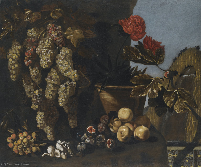 Still Life With Hanging Grapes On The Vine, Figs And Fungi In A Garden Setting — Giovanni Battista Ruoppolo