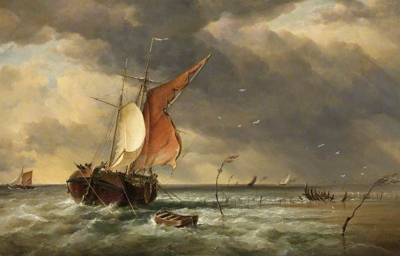 A Dutch Galliot Aground On A Sandbank On The Biesbosch, The Netherlands — Edward William Cooke