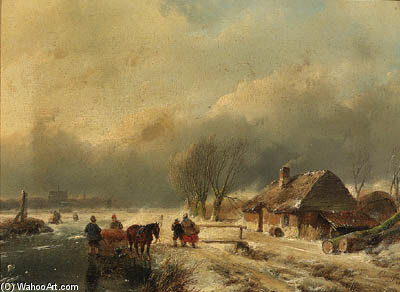 A Winter Landscape With A Horse-drawn Sledge On A Frozen Waterway — Андреас Шелфхоут