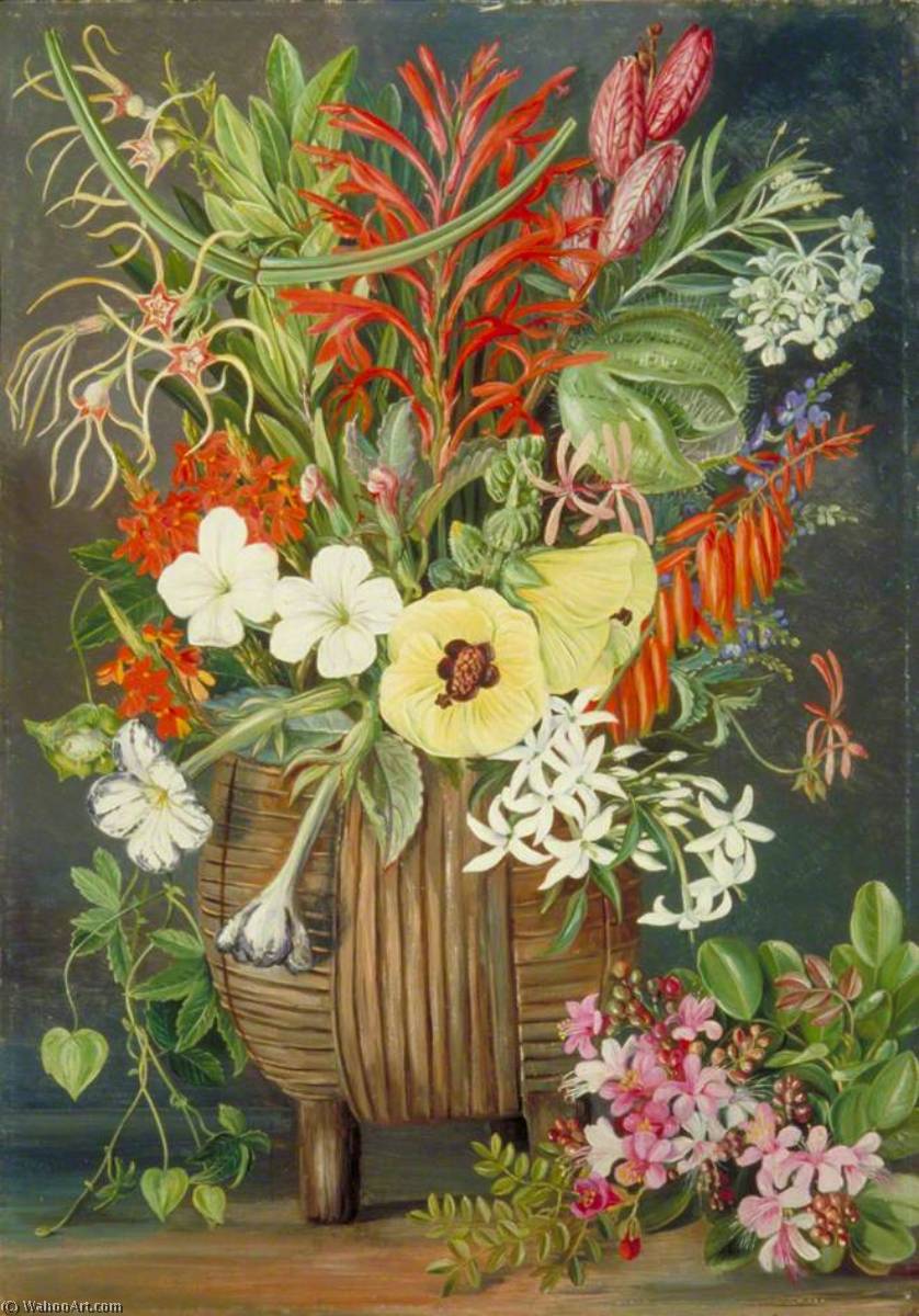 Südafrikanische Blumen In Einer Hölzernen Kaffir-schale — Marianne North