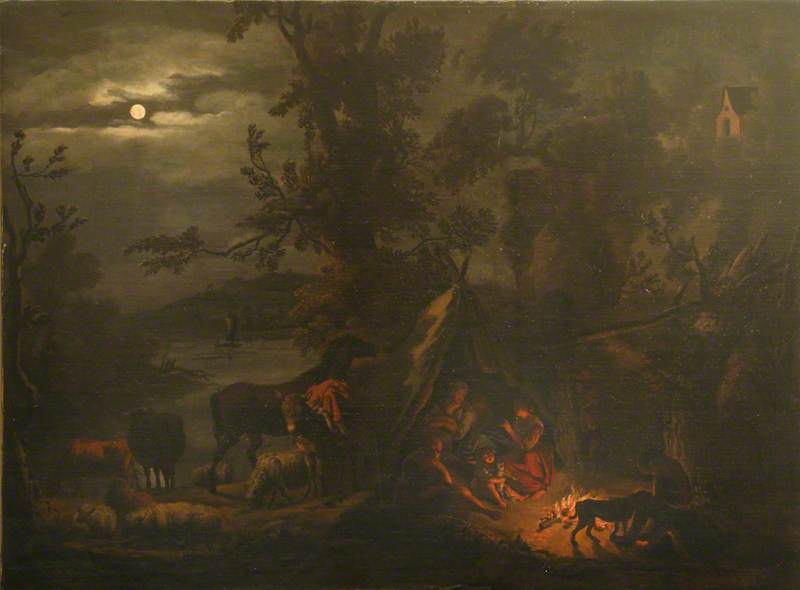 Night Scene With Figures Grouped Around A Fire — Dirck Van Den Bergen