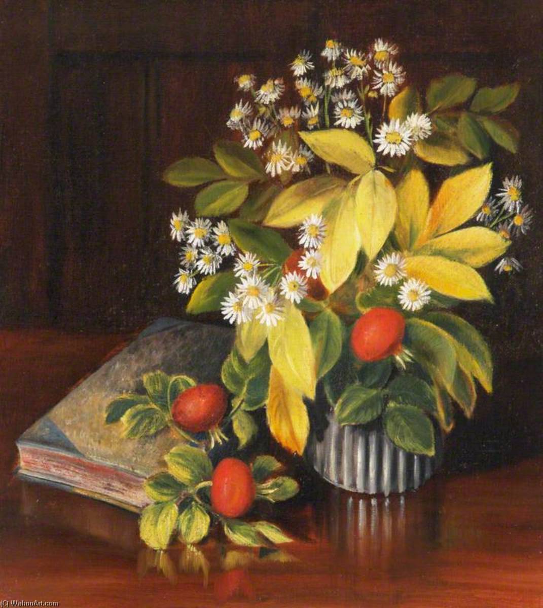 Still Life Of Daisies And Rose Hips In A Vase With A Book — Rosalie Chichester