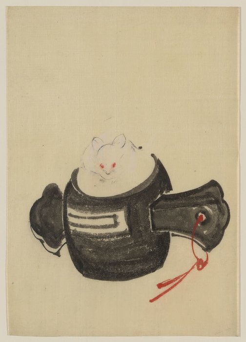 Mouse, Facing Front, Sitting On A Mallet With Red Ribbon Through A Hole In The Handle — Katsushika Hokusai