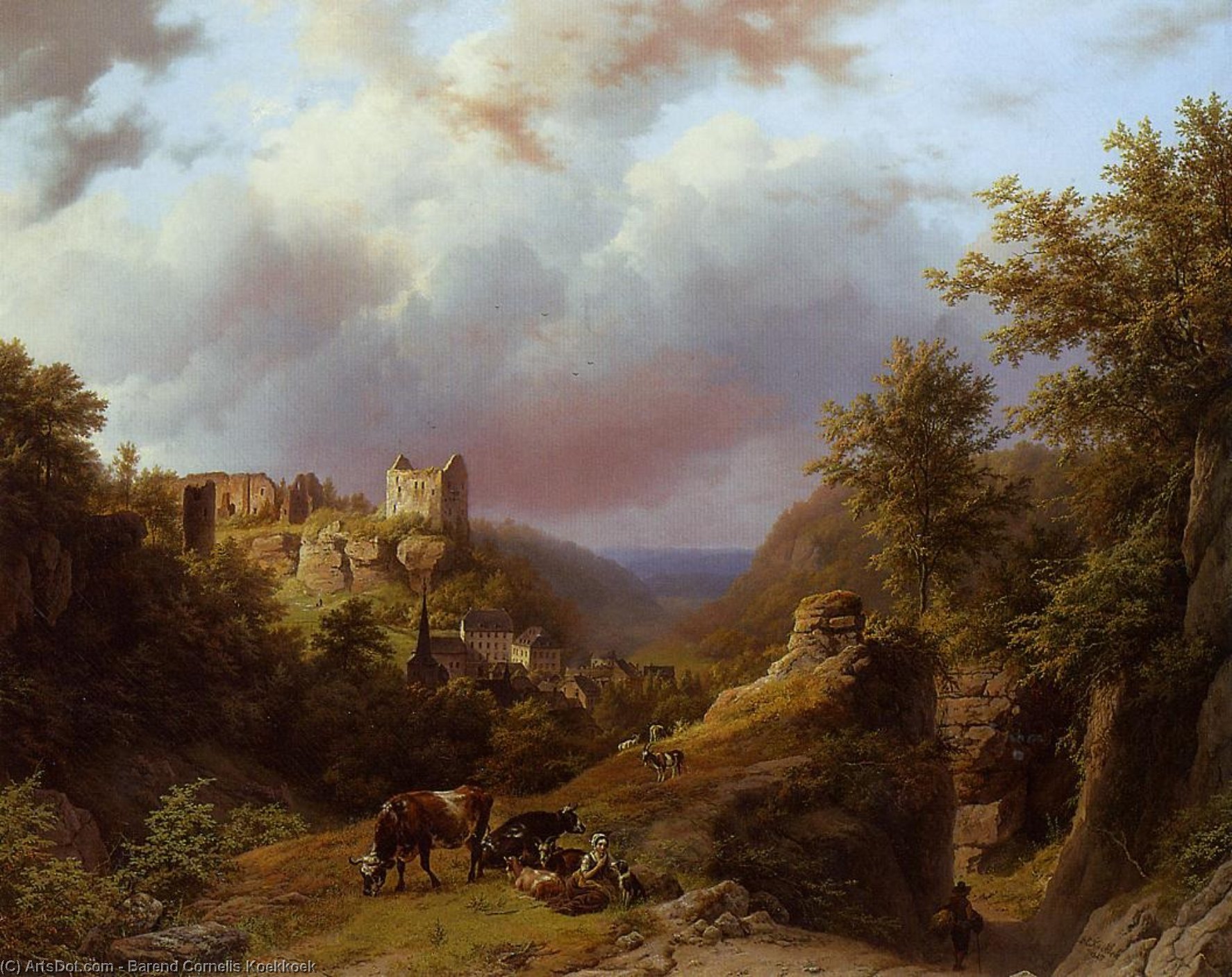 Countryfolk, Cattle And Goats On A Mountain Path With A Village Beyond — Barend Cornelis Koekkoek