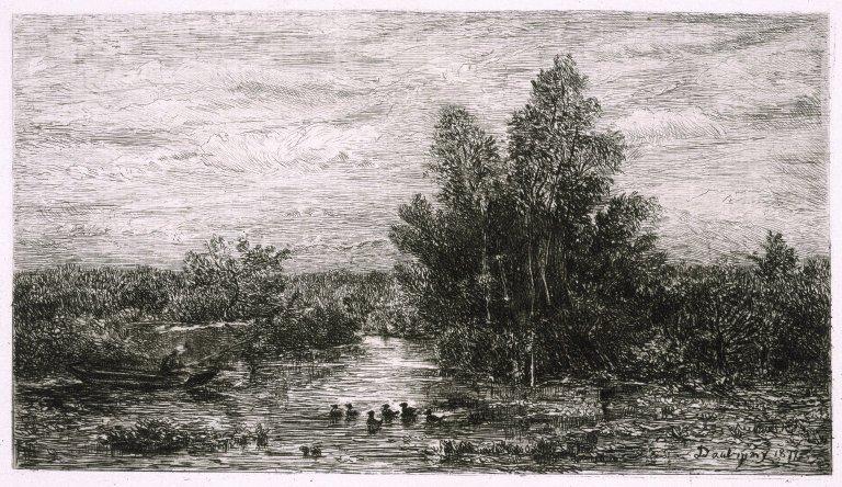 Fisherman On River With Ducks — Charles-françois Daubigny