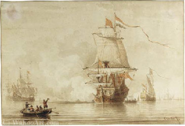 A Man O'war Firing A Salute, Others Nearby — Everhardus Koster