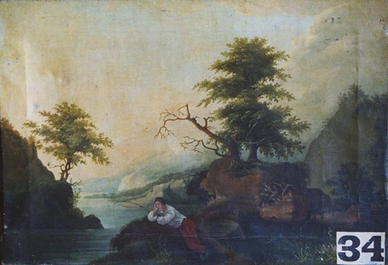 Paysage, La Pêche À La Ligne Au Crépuscule — Babey Théodore