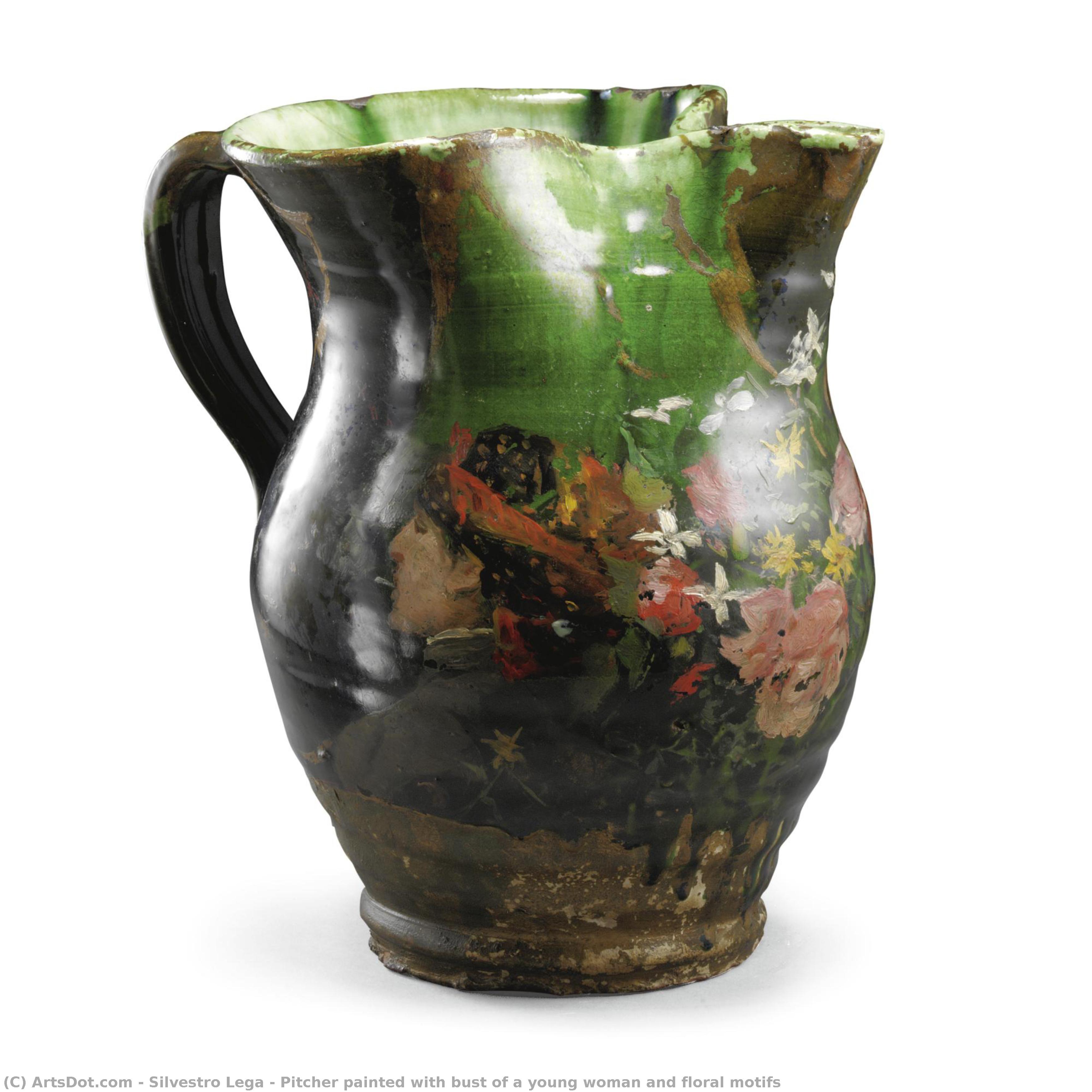 Pitcher Painted With Bust Of A Young Woman And Floral Motifs — Silvestro Lega