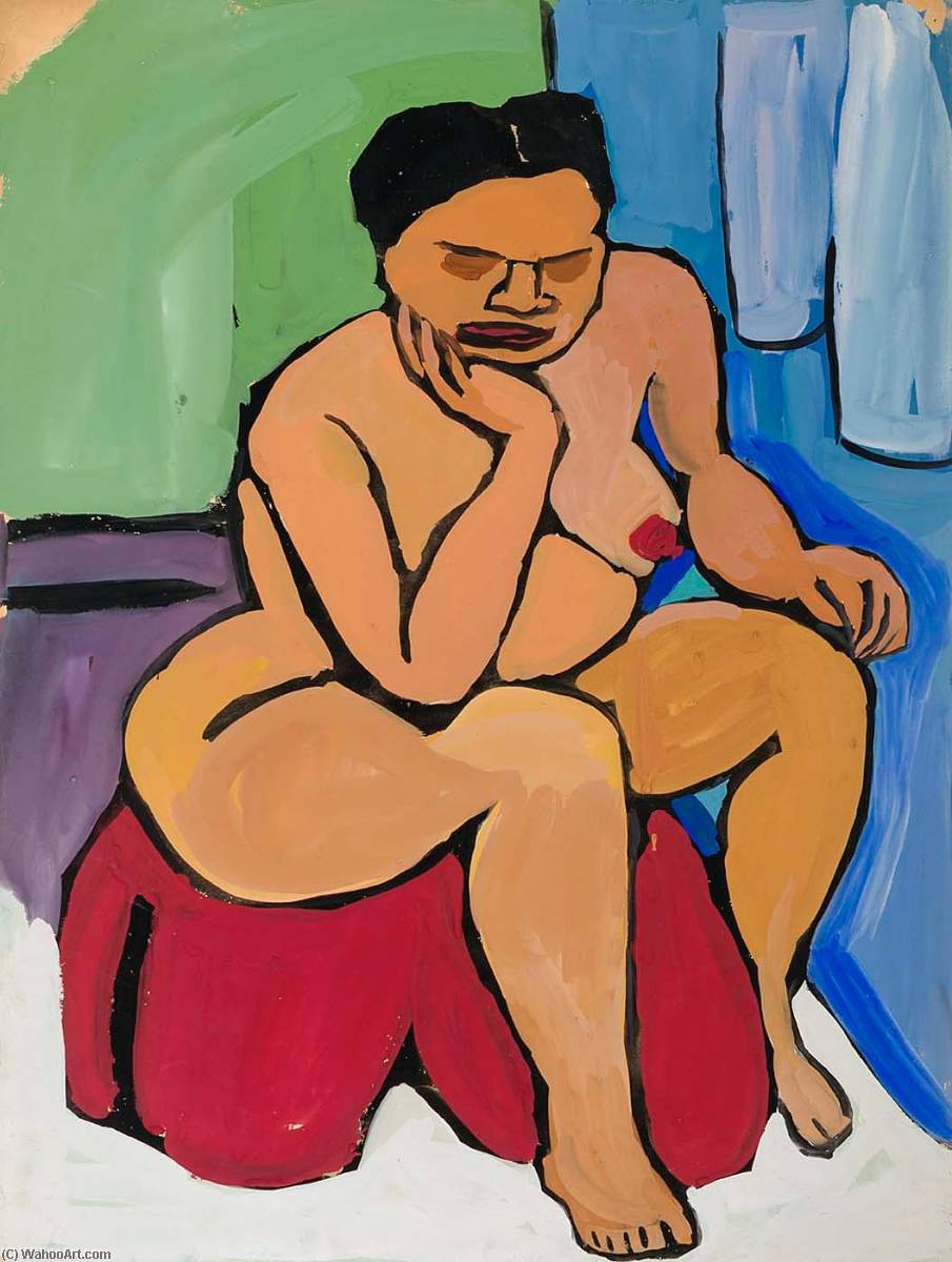 Seated Female Nude On Red Drape — William H. Johnson
