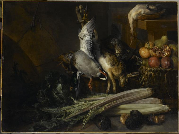 Volaille, Gibier, Legumes Et Fruits Dans Une Cuisine — Alexandre-françois Desportes