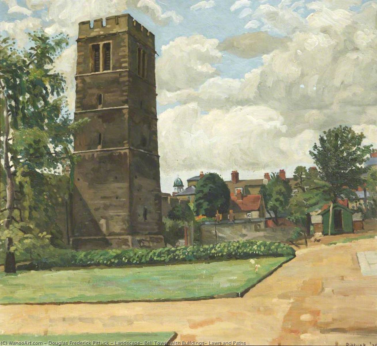 Landscape, Bell Tower With Buildings, Lawn And Paths — Douglas Frederick Pittuck