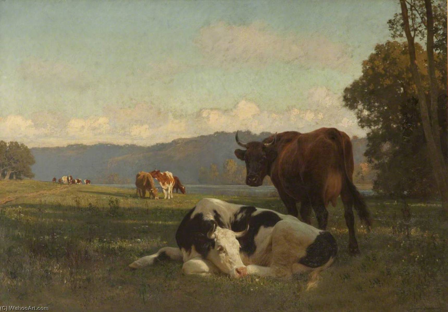 Cattle On Riverbank In Auvergne — Auguste François Bonheur
