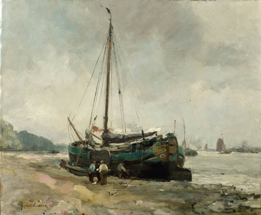 A Moored Tjalk On A Riverbank — August Willem Van Voorden