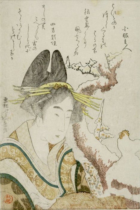 Woman And Snow Cock, With Poems — Katsushika Hokusai