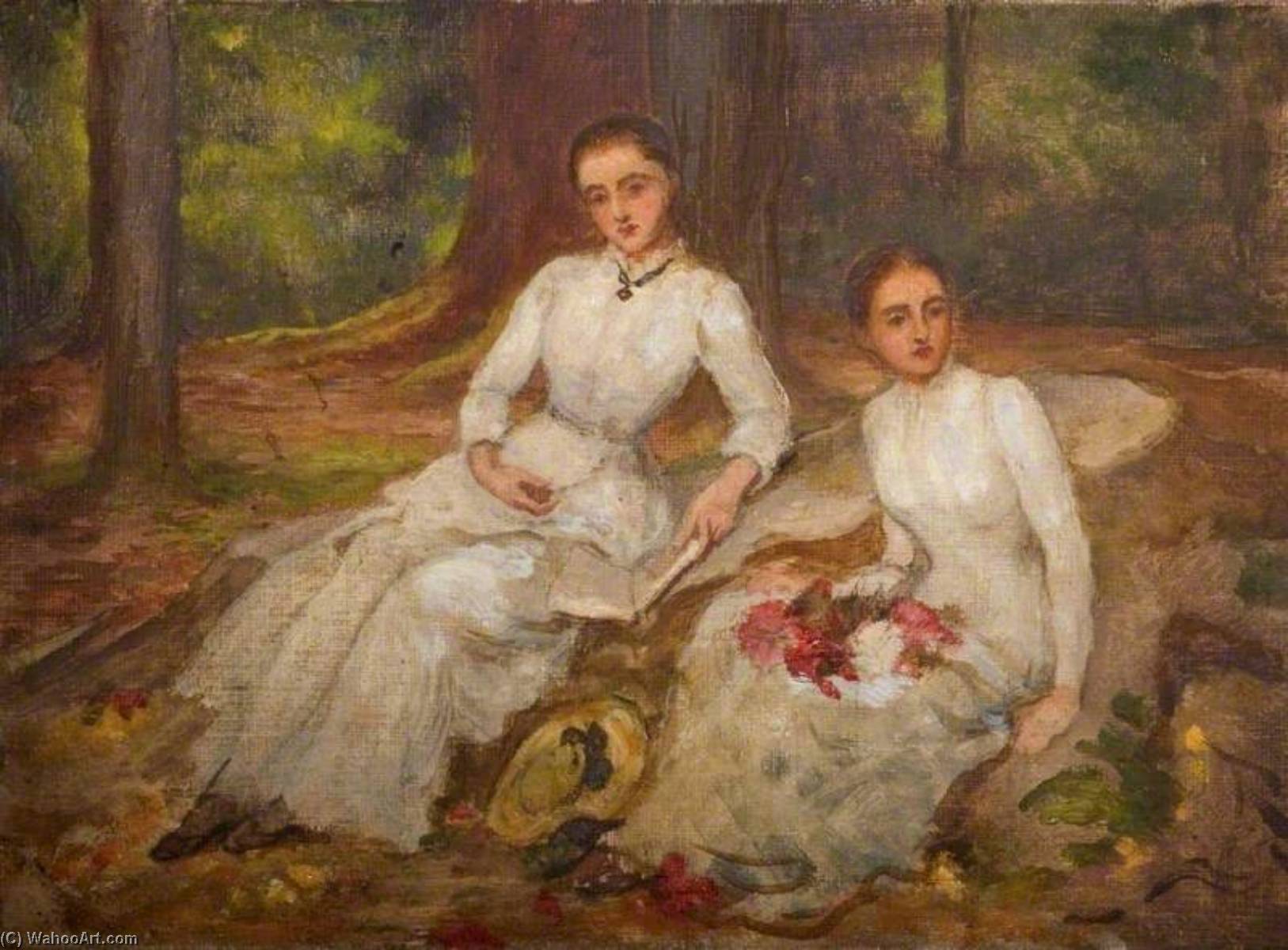Two Women In White Seated In A Wooded Glade — Louisa Starr Canziani