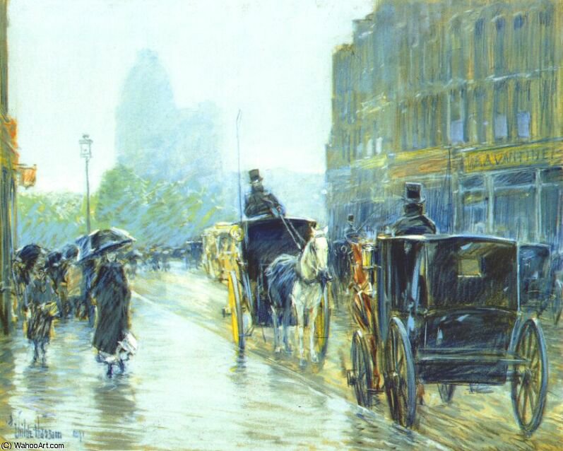 Horse Drawn Cabs At Evening, New York — Frederick Childe Hassam