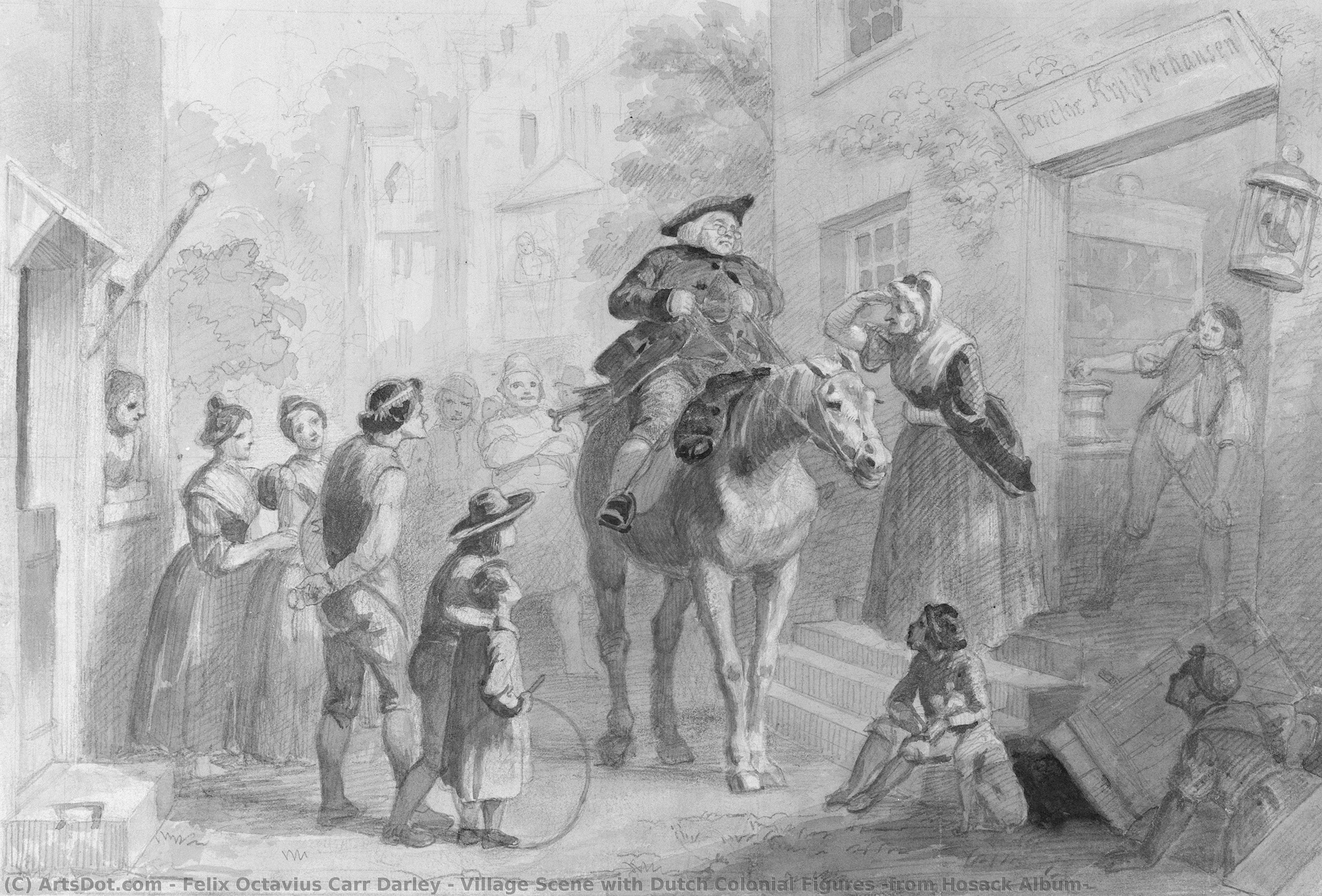 Village Scene With Dutch Colonial Figures (from Hosack Album) — Felix Octavius Carr Darley