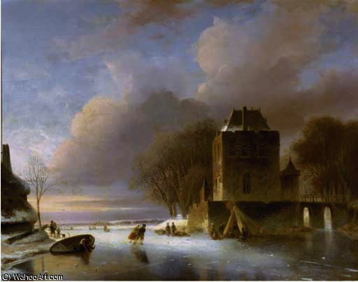 Skaters On A Frozen River With A Koek En Zopie By A Mansion — Nicolaas Johannes Roosenboom