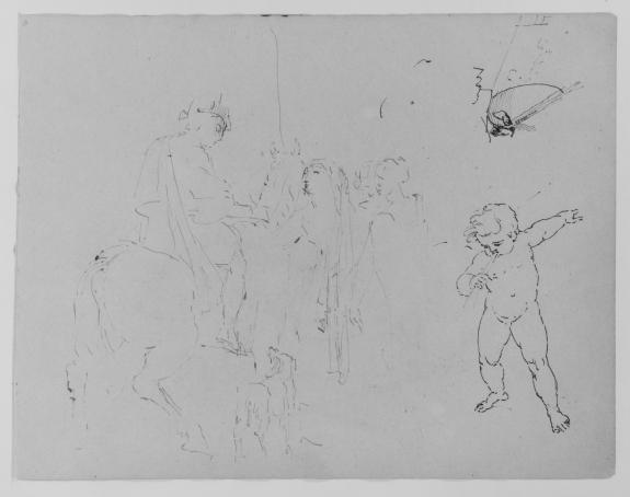 Horseman Addressing Two Women; Palette, Brushes In Artist's Hands, Picture And Easel Beyond; Putto Blowing Clarion — Thomas Sully