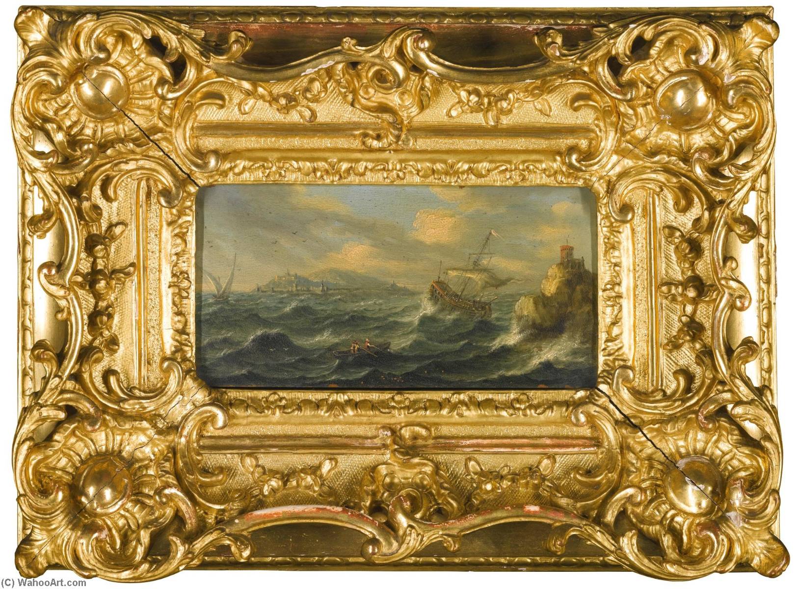 Stormy Marine Landscape With A Ship And Lighthouse River Landscape With A Sailing Boat And Ruins — Orazio Grevenbroeck