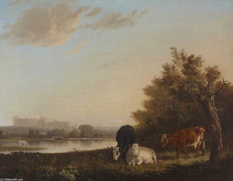 Distant View Of Windsor Castle, With Cows By The River — Edmund Bristow