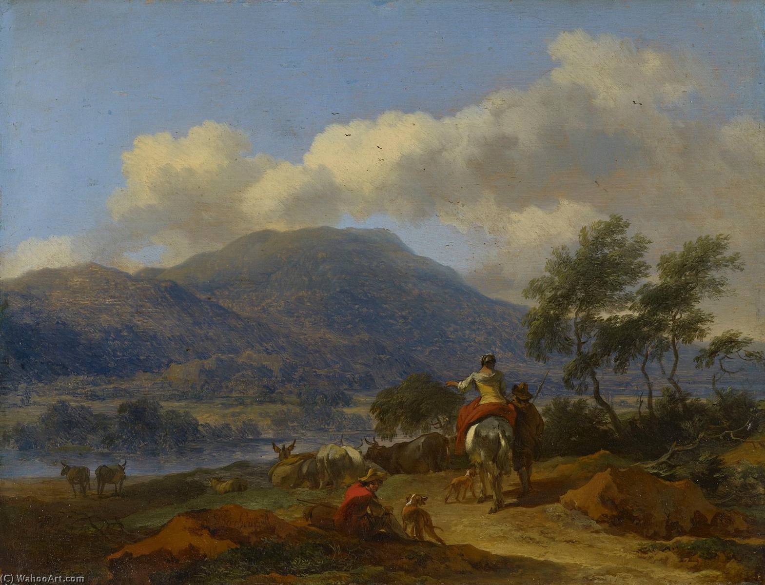 Mountainous Landscape With Two Shepherds, A Shepherdess And Cattle — Nicolaes Pietersz Berchem