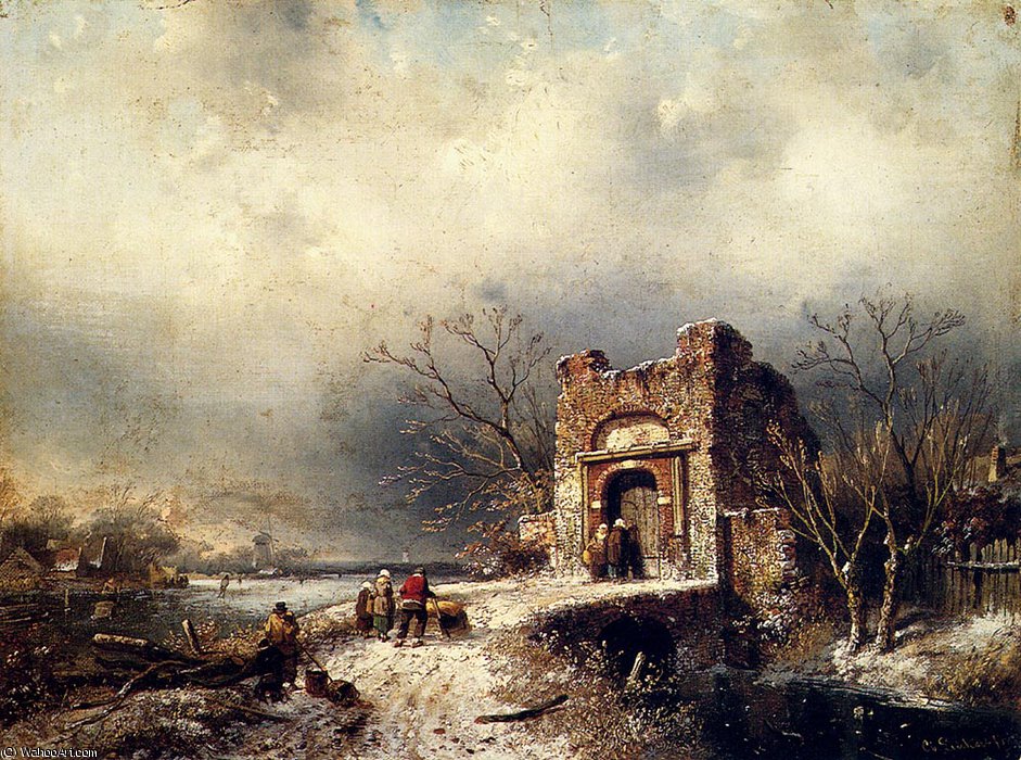 Villagers On A Frozen Path — Charles Henri Joseph Leickert
