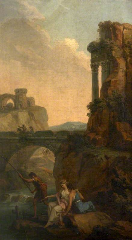 Landscape With A Bridge And Ruins With Peasants Fishing (a Set Of Six Decorative Wall Panels) — Antonio Zucchi