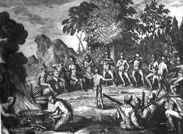 Timucua Indians At A Feast Drawing Possibly — Jacques (de Morgues) Le Moyne