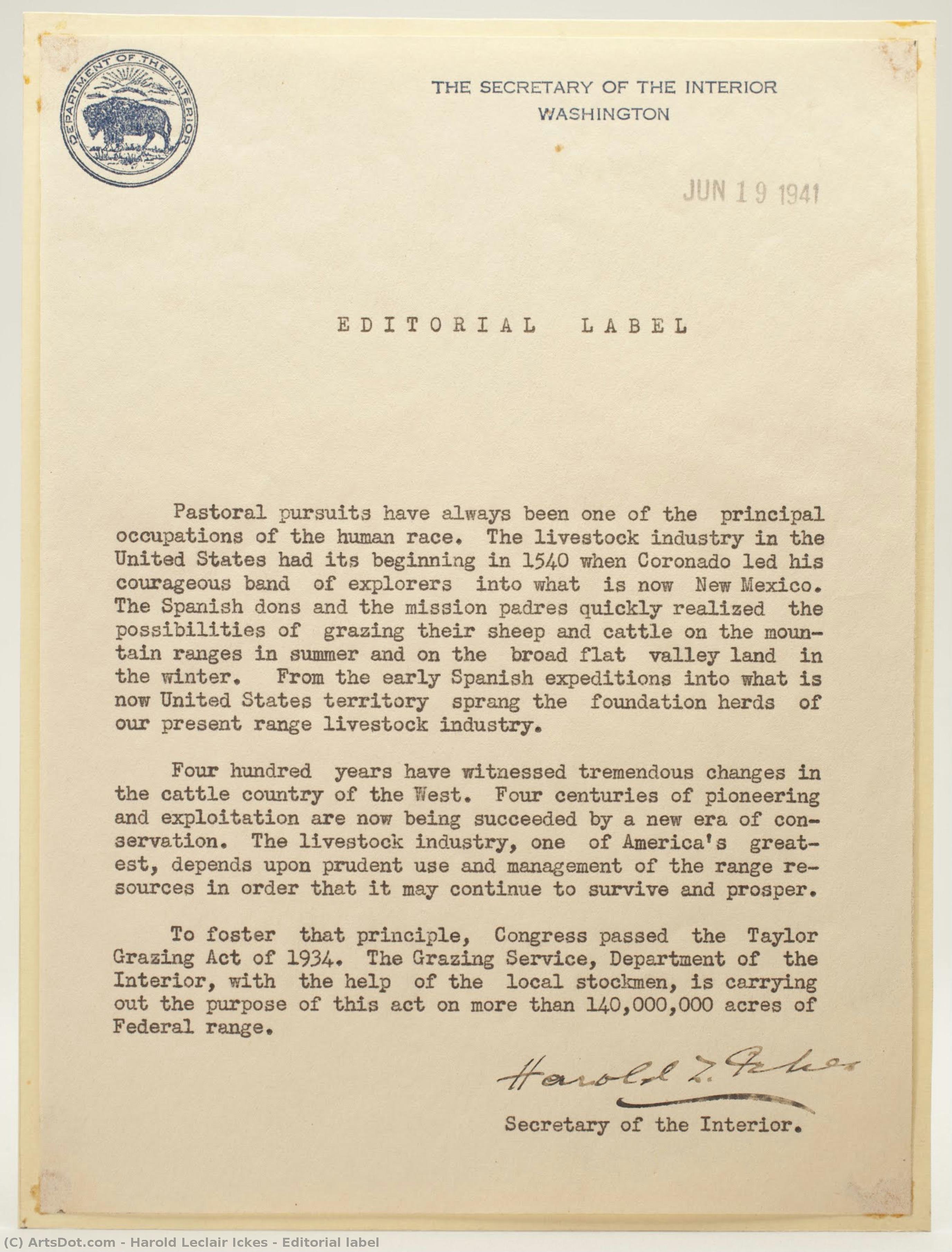 Editorial Label — Harold Leclair Ickes