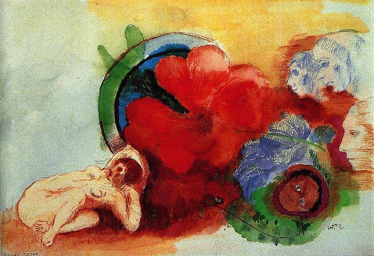 Nude, Begonia And Heads — Odilon Redon