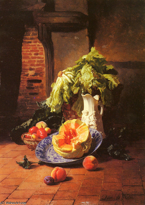 A Still Life With A White Porcelain Pitcher Fruit And Vegetables — David Emile Joseph De Noter