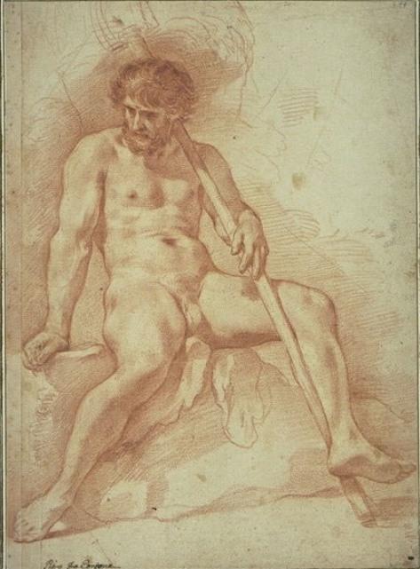 Naked Man, Seated, Legs Apart, A Stick In His Left Hand — Pietro Da Cortona