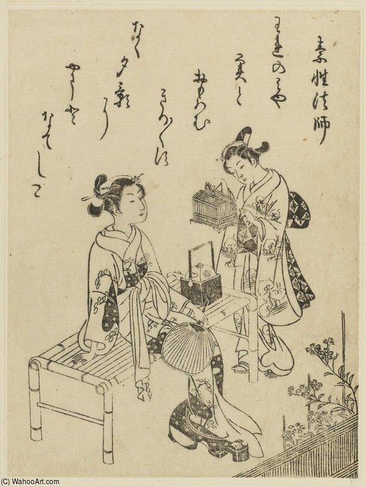 A Girl Seated On A Bench, A Maid With A Cage Of Crickets — Suzuki Harunobu