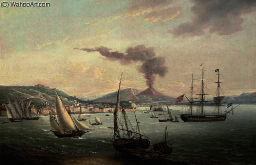 An English Frigate Amidst Much Activity In The Bay Of Naples With Vesuvius Erupting Beyond — John Thomas Serres