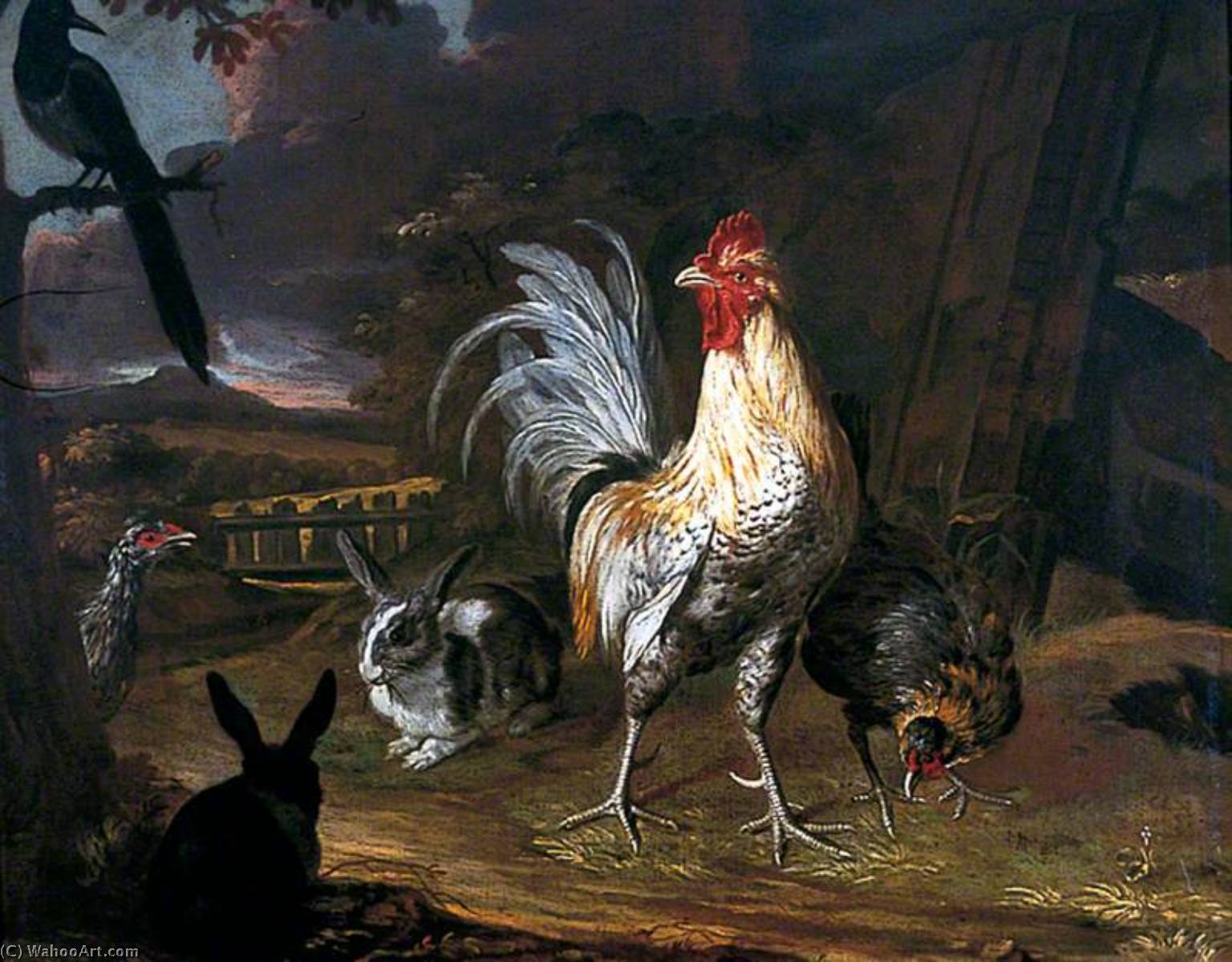 Rabbits, A Cockerel And A Hen With A Landscape Background — Melchior De Hondecoetter