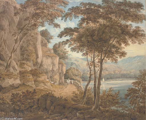 Travellers On A Road By A Lake, Mountains Beyond — William Havell