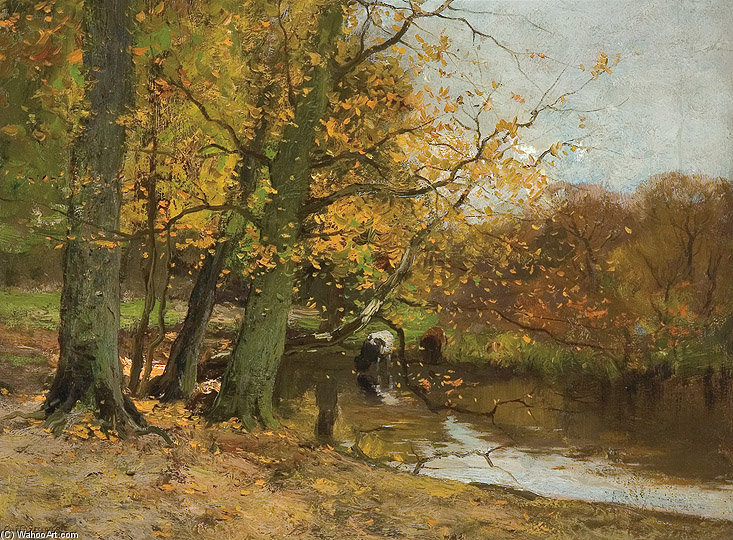 Cattle Watering In An Autumn Landscape — Charles Paul Gruppe