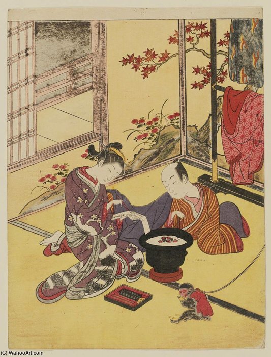 Courtesan, Client, And Pet Monkey — Сузуки Харунобу