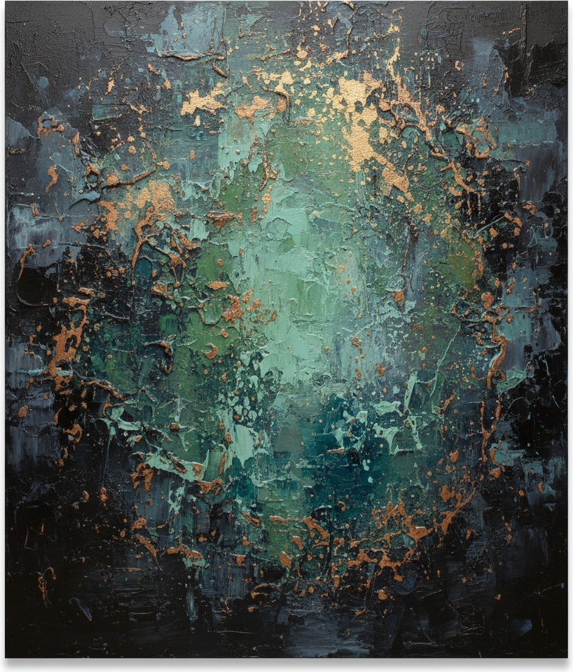Celestial Fracture In Midnight Teal With Radiant Gold And Primordial Seafoam Textures — David Moreau