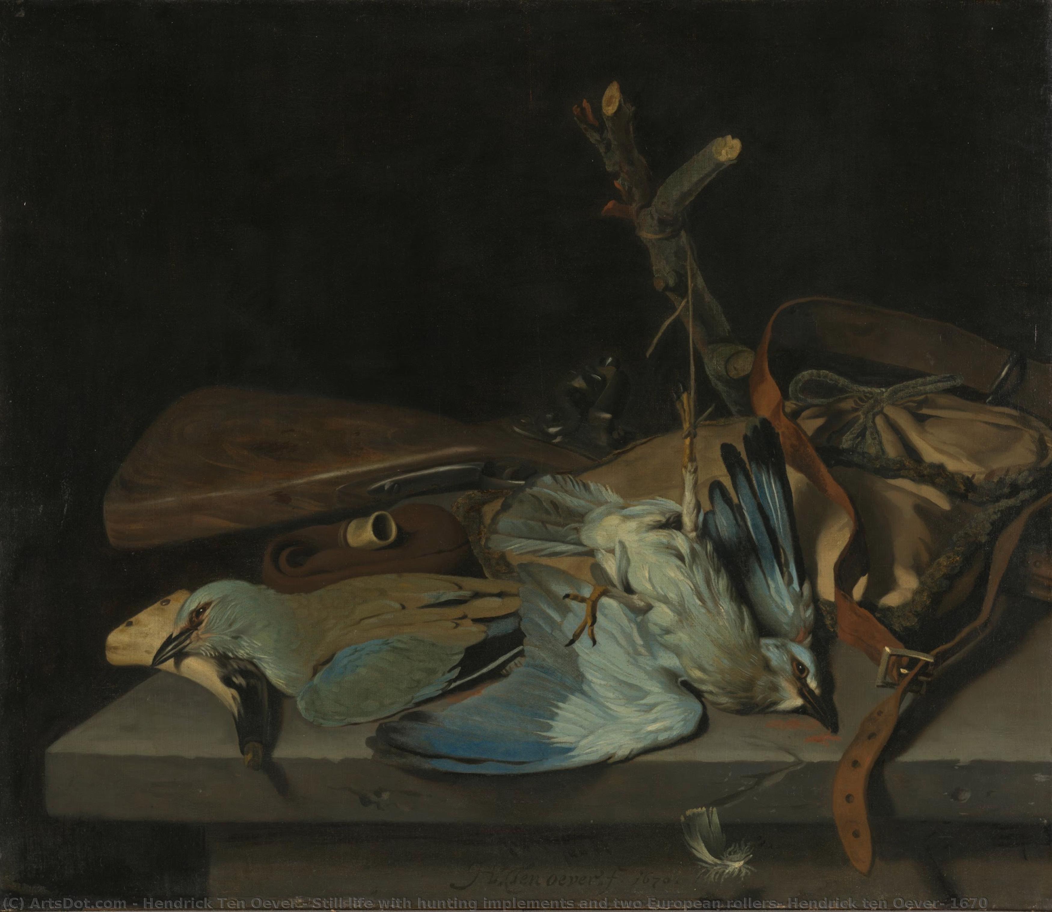 Still Life With Hunting Implements And Two European Rollers, Hendrick Ten Oever, 1670 — Hendrick Ten Oever