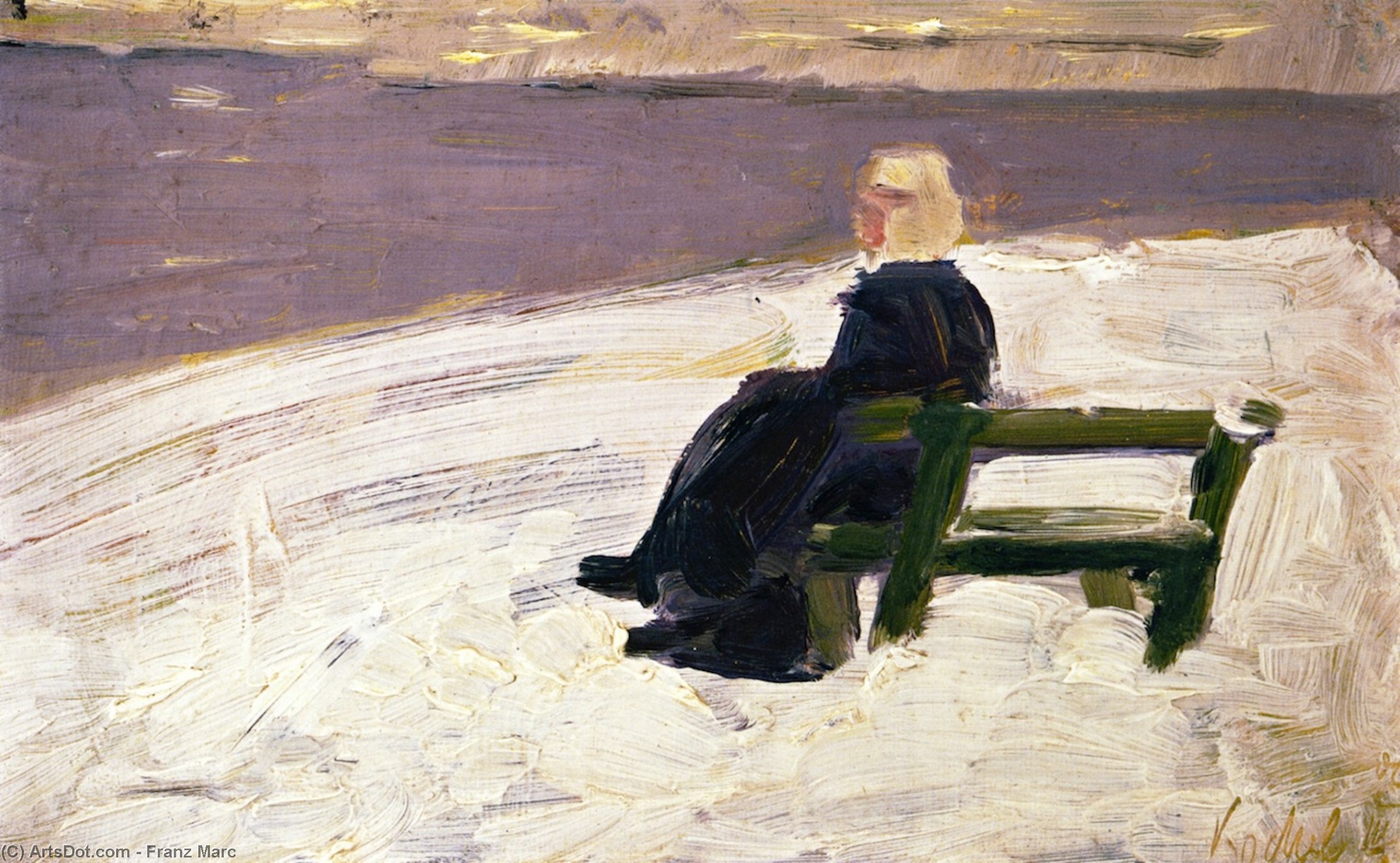 Woman In A Winter Landscape On A Green Bench — Franz Marc