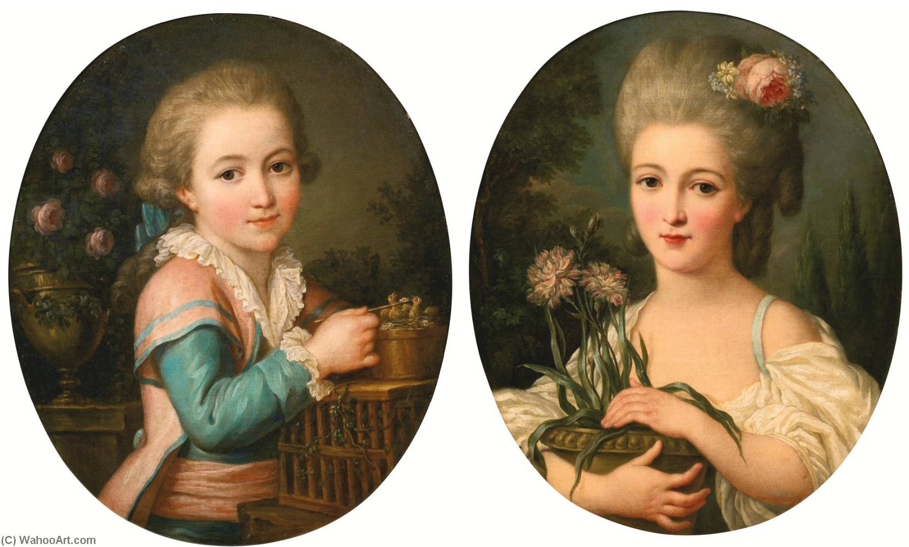 Portrait Of A Young Girl Holding A Flower Pot Portrait Of A Young Boy Feeding Two Birds — Marie Victoire Lemoine