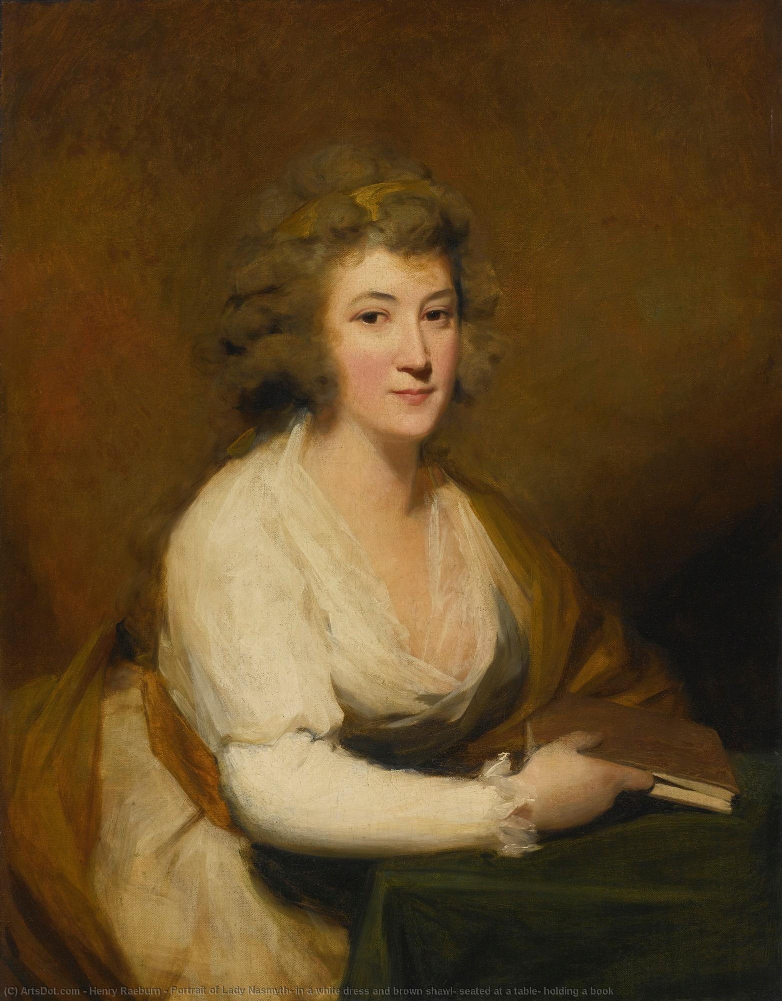 Portrait Of Lady Nasmyth, In A White Dress And Brown Shawl, Seated At A Table, Holding A Book — Henry Raeburn